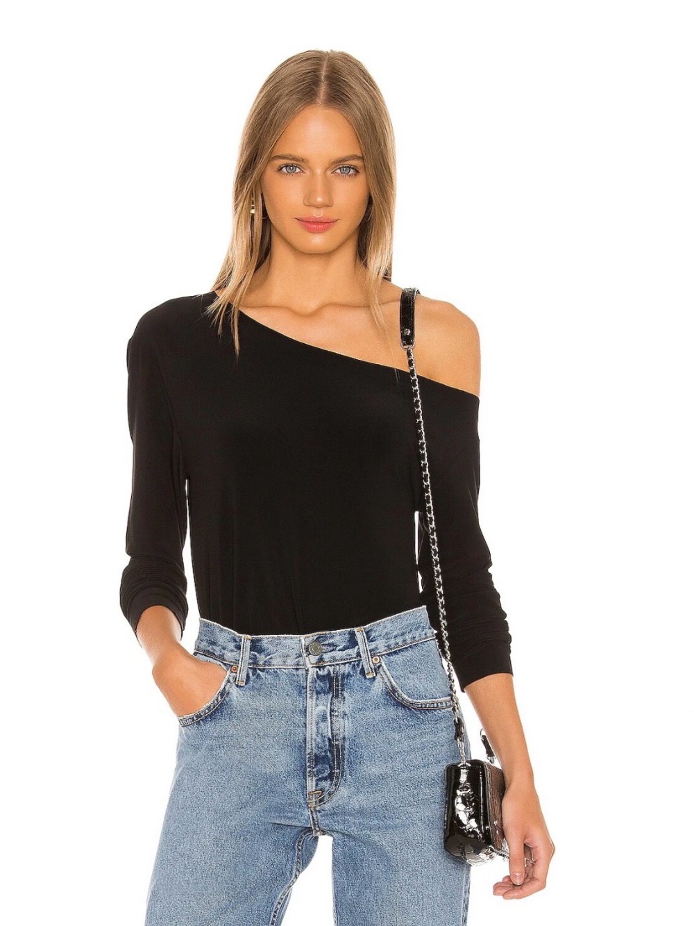 Norma Kamali Black One-Shoulder Long Sleeve Soft Knit Top